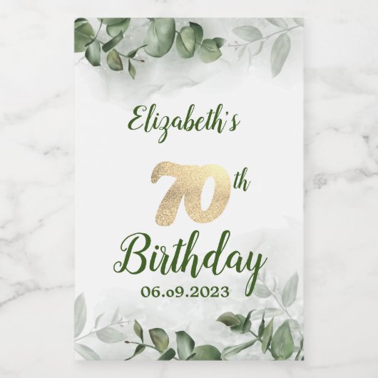 Chic Waterverf Eucalyptus Greenery 70th Birthday Wijn Etiket (Enkel label)