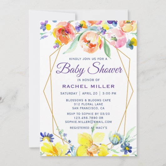 Chic Waterverf Floral Baby Shower-uitnodigingen Kaart (Voorkant)