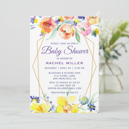 Chic Waterverf Floral Baby Shower-uitnodigingen Kaart (Staand voorkant)