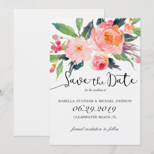Chic Waterverf Floral Bewaar de datum Save The Date (Voorkant / Achterkant)