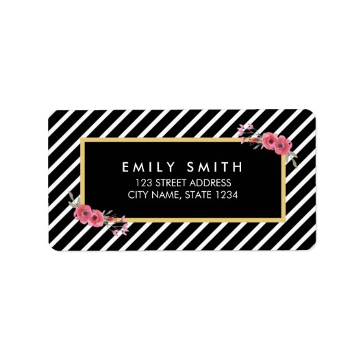 Chic Waterverf Floral Black en White Stripes Etiket (Voorkant)
