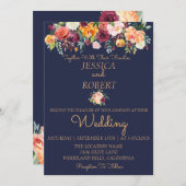 Chic Waterverf Floral Blue Wedding Invitation Kaart (Voorkant / Achterkant)