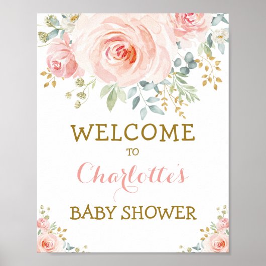 Chic Waterverf Floral Blush Pink Gold Baby shower Poster (Voorkant)