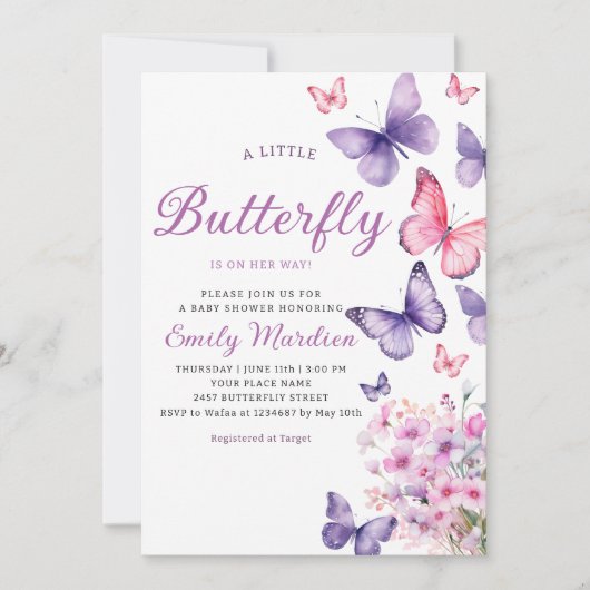 Chic Waterverf Floral Butterfly Girl Baby shower Kaart (Voorkant)