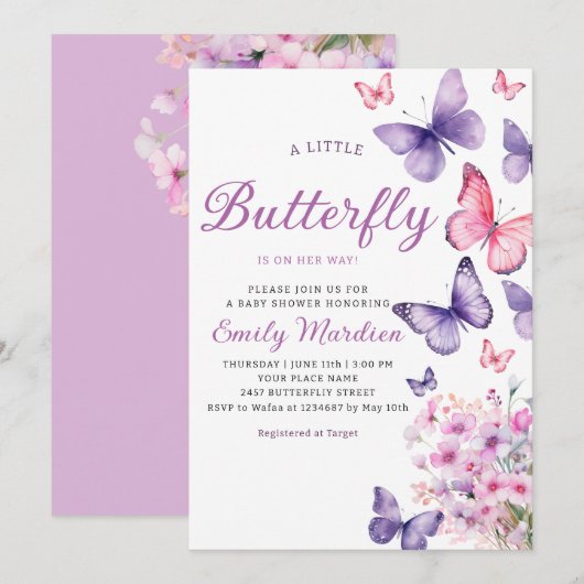 Chic Waterverf Floral Butterfly Girl Baby shower Kaart (Voorkant / Achterkant)