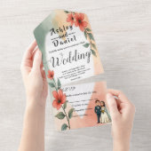 Chic Waterverf Floral Dusty Bruid Bruidegom Huweli All In One Uitnodiging (Afscheurbaar)