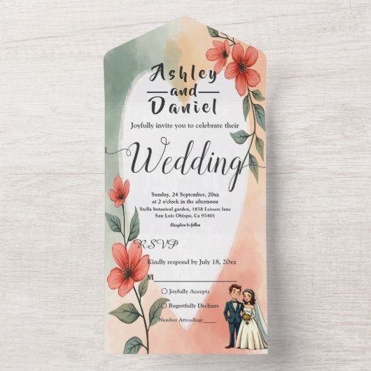 Chic Waterverf Floral Dusty Bruid Bruidegom Huweli All In One Uitnodiging (Binnen)