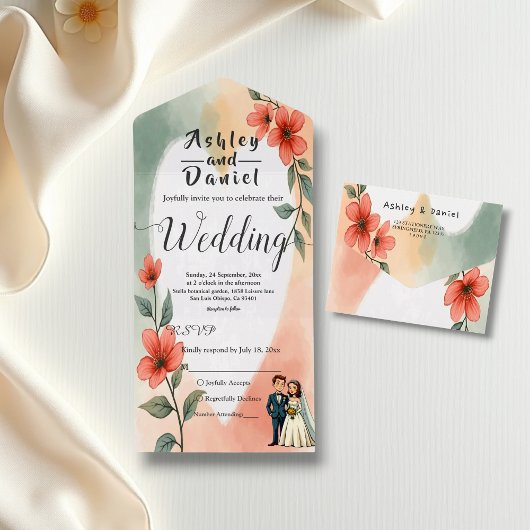 Chic Waterverf Floral Dusty Bruid Bruidegom Huweli All In One Uitnodiging