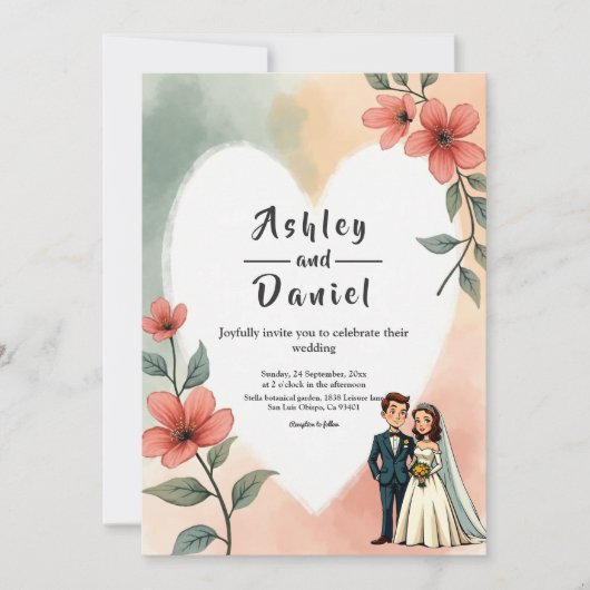 Chic Waterverf Floral Dusty Bruid Bruidegom Huweli Kaart (Voorkant)