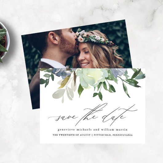 Chic Waterverf Floral en Leaves Photo Wedding Save The Date
