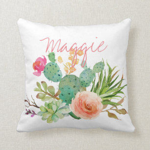 Chic Waterverf Floral, gepersonaliseerd Cactus Kussen