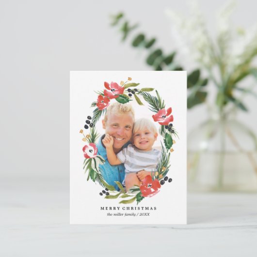 Chic Waterverf Floral Oval Vakantiefoto Feestdagenkaart (Staand voorkant)