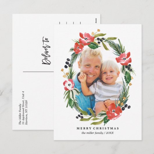 Chic Waterverf Floral Oval Vakantiefoto Feestdagenkaart (Voorkant / Achterkant)