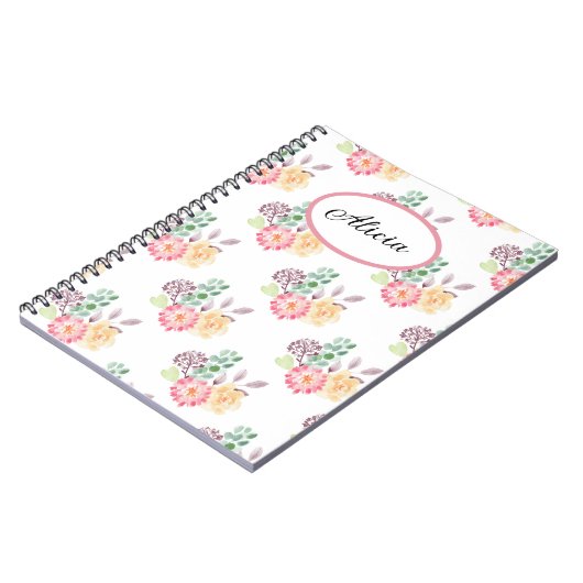 Chic Waterverf Floral Pattern Monogrammed Notitieboek (Linkerzijde)