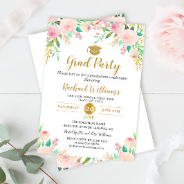 Chic Waterverf Floral Pink Gold Graduparty Kaart