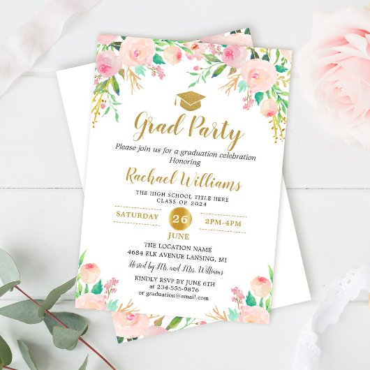 Chic Waterverf Floral Pink Gold Graduparty Kaart