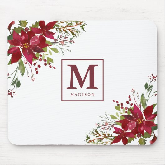 Chic Waterverf Floral Poinsettia Monogram Muismat (Voorkant)