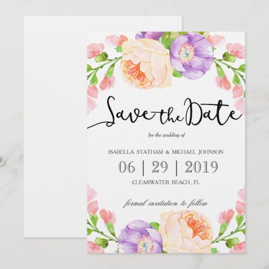 Chic Waterverf Floral "Save the Date" Save The Date (Voorkant / Achterkant)
