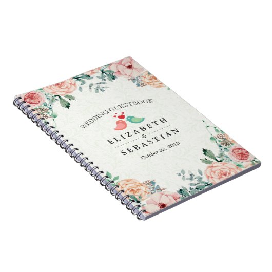 Chic Waterverf Floral Tortelduifjes Paar Guestbook Notitieboek (Rechterzijde)