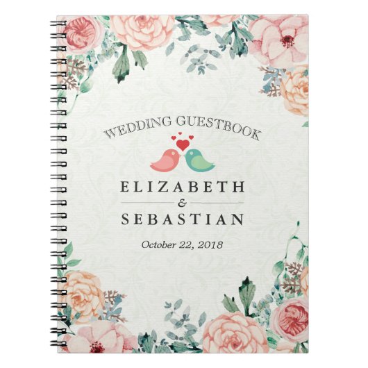 Chic Waterverf Floral Tortelduifjes Paar Guestbook Notitieboek (Voorkant)