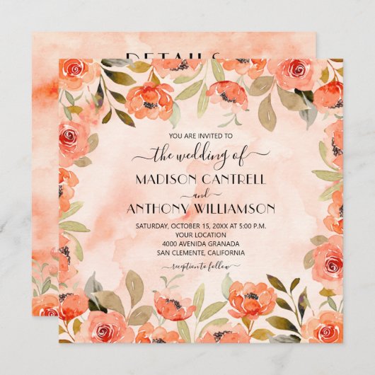 Chic Waterverf Floral Wedding All-in-One uitnodigi (Voorkant / Achterkant)