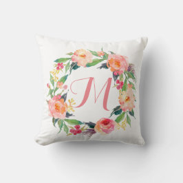 Chic Waterverf Floral Wreator Monogram Kussen