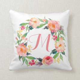 Chic Waterverf Floral Wreator Monogram Kussen