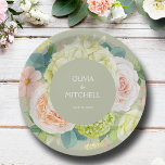 Chic Waterverf Florals Sage Green Wedding Papieren Bordje<br><div class="desc">Mooie waterverf witte en groene hydrangea met roze en roomkleurige rozen,  maisen,  kleine bloesems en bladeren op sage-groen,  personaliseer deze papieren borden voor je bruiloft,  vrijgezellenfeest,  verlovingsfeest,  met je details in witte hoofdletters. Punten in onze winkel koppelen.</div>