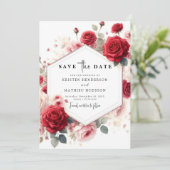 Chic Waterverf Flowers Crimson Red Wedding Save The Date (Staand voorkant)