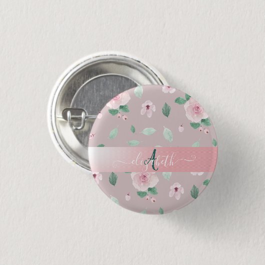Chic Waterverf Flowers Monogram Ronde Button 3,2 Cm (Voorkant /achterkant)
