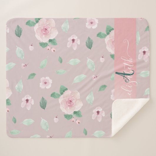 Chic Waterverf Flowers Monogram Sherpa Deken (Voorkant (horizontaal))