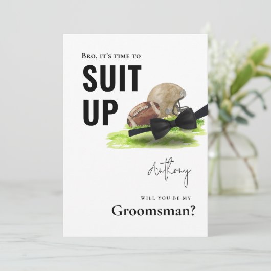 Chic Waterverf Football Tuxedo Suit Up Groomsman Kaart (Staand voorkant)