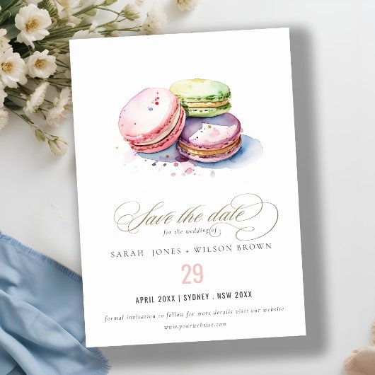 Chic Waterverf Franse Macarons Bakkerij bruiloft Save The Date