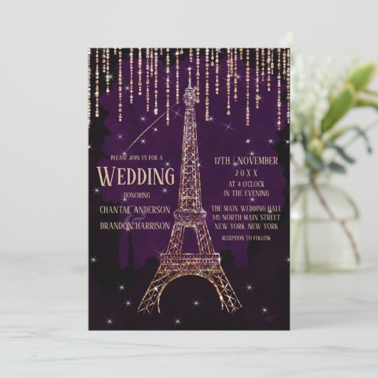Chic Waterverf Glitter Paris Eiffel Tower Weddensc Kaart (Staand voorkant)