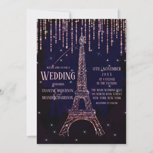 Chic Waterverf Glitter Paris Eiffel Tower Weddensc Kaart (Voorkant)