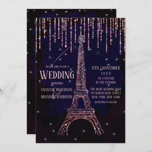 Chic Waterverf Glitter Paris Eiffel Tower Weddensc Kaart (Voorkant / Achterkant)