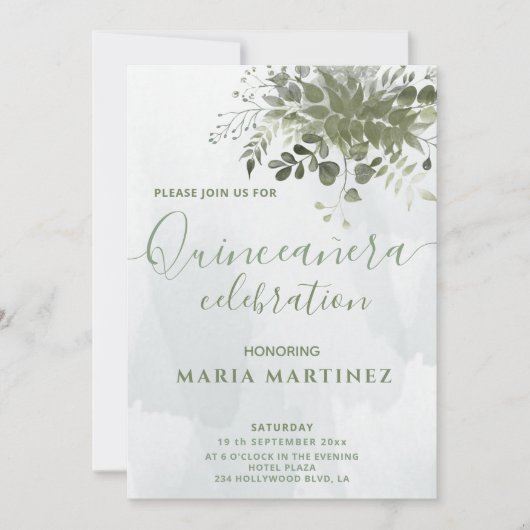 Chic waterverf greenery eucalyptus Quinceañera Kaart (Voorkant)