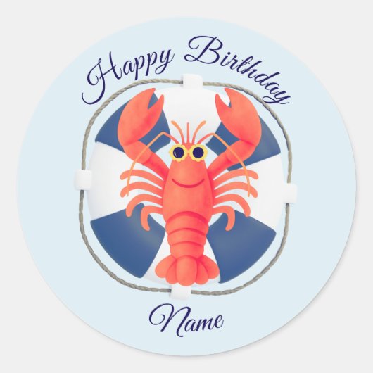Chic Waterverf Kreeft & Reddingsboei Verjaardag Ronde Sticker (Voorkant)