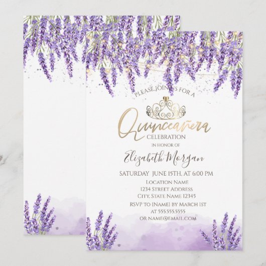 Chic Waterverf Lavanda, String Lights Quinceanera Kaart (Voorkant / Achterkant)