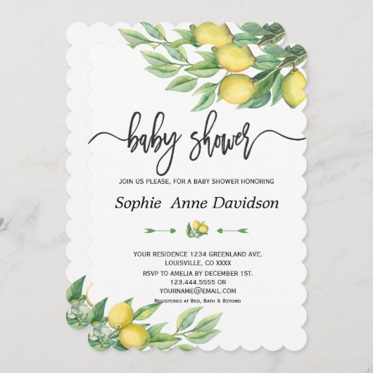 Chic Waterverf Lemon Tropisch BABY SHOWER Kaart (Voorkant / Achterkant)