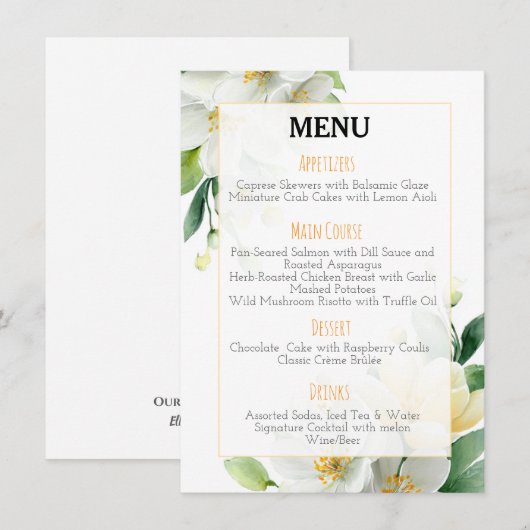 Chic Waterverf Magnolia & Jasmine Wedding Menu (Voorkant / Achterkant)