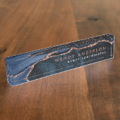 Chic Waterverf Navy Blue Roos Gold Glitter Agate Naambordje (Zijkant)