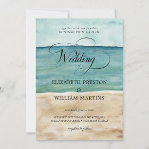 Chic Waterverf Ocean Beach Sand Nautical Wedding Kaart