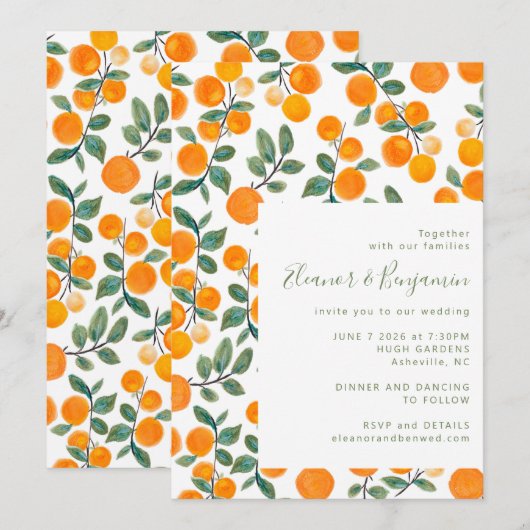 Chic Waterverf Oranje Citrus Fruit Script Weddensc Kaart (Voorkant / Achterkant)