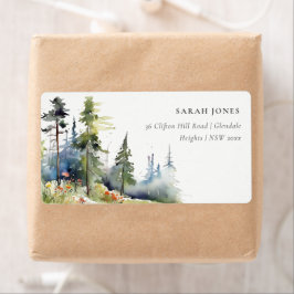 Chic Waterverf Pine Forest Landscape Adres Etiket