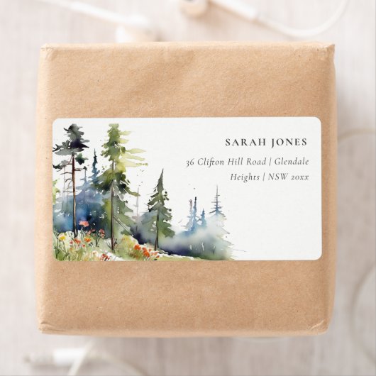 Chic Waterverf Pine Forest Landscape Adres Etiket (Insitu)