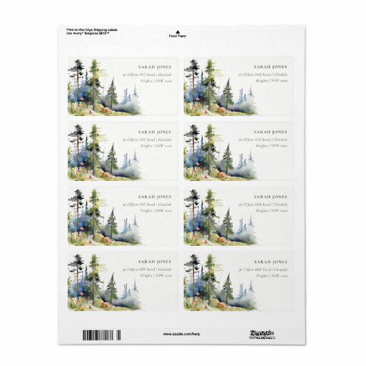 Chic Waterverf Pine Forest Landscape Adres Etiket (Full Sheet)