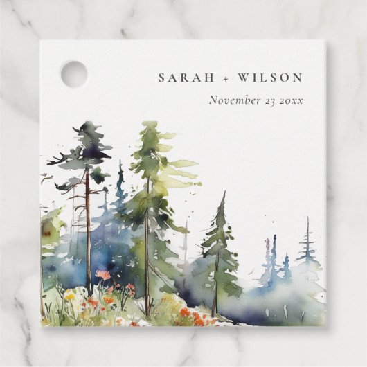Chic Waterverf Pine Forest Landscape Wedding Bedankjes Labels (Voorkant)
