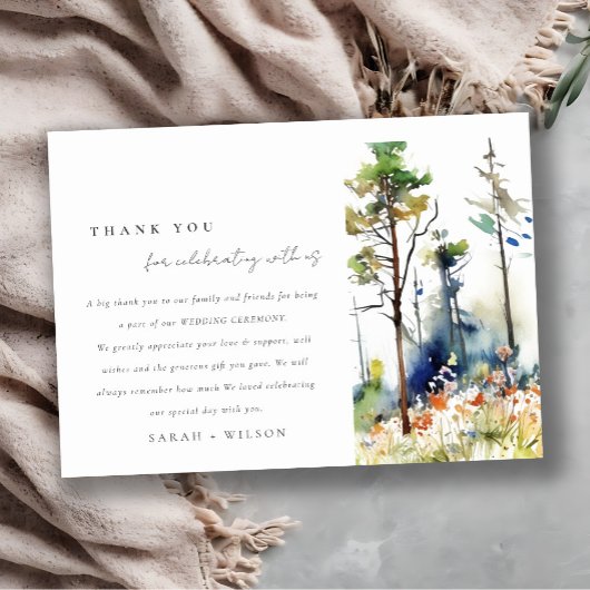 Chic Waterverf Pine Forest Landscape Wedding Bedankkaart