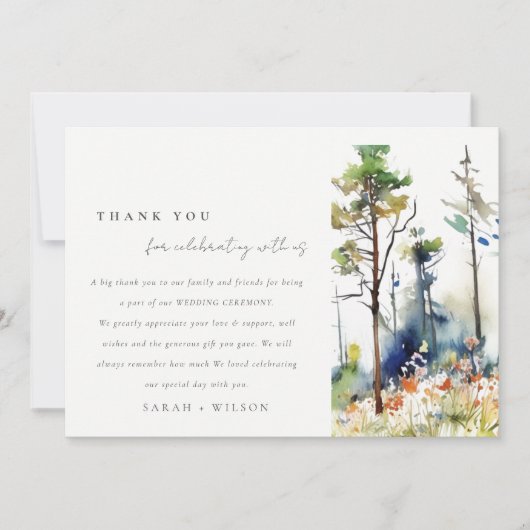 Chic Waterverf Pine Forest Landscape Wedding Bedankkaart (Voorkant)